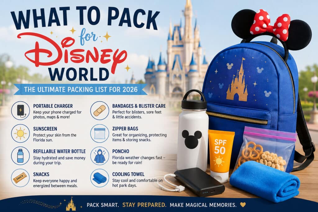 Disney World packing list featuring essential park bag items including a portable charger, sunscreen, snacks, water bottle, and backpack.