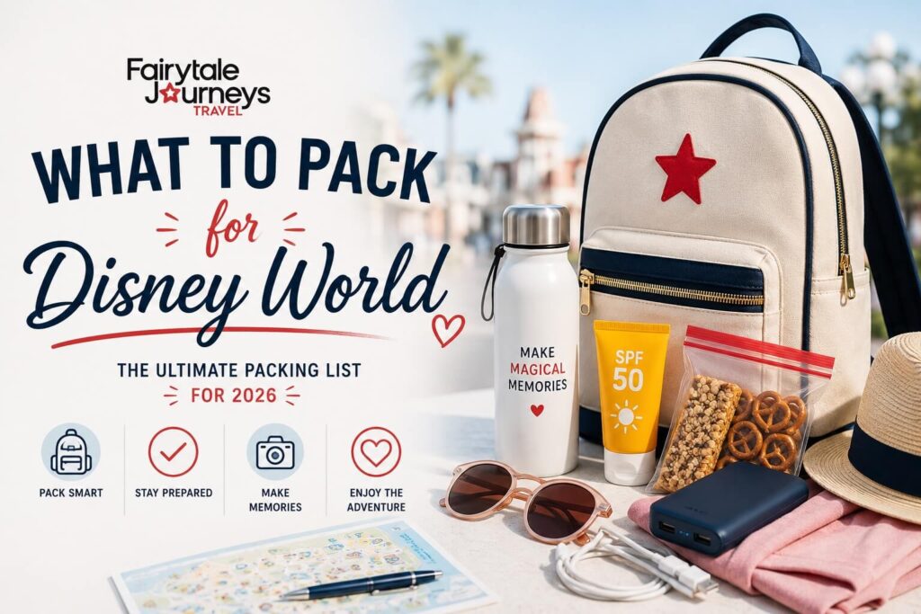 Disney World packing list featuring park bag essentials including portable charger, sunscreen, snacks, water bottle, and poncho.