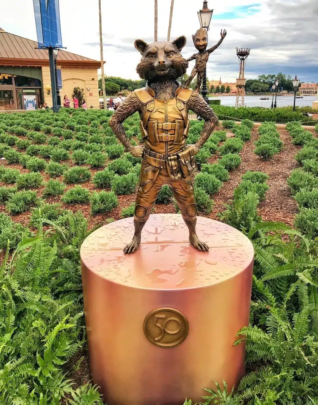 Rocket and Groot golden Fab 50 sculpture